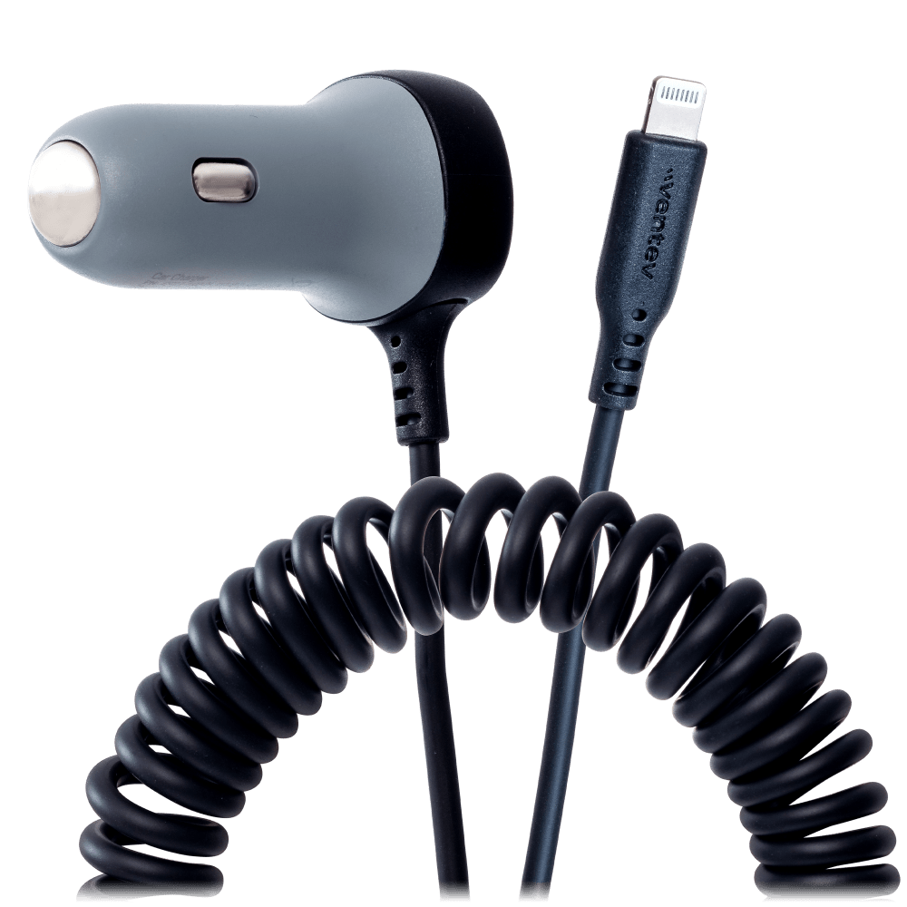Ventev 12W USB A Car Charger with attached 15W Apple Lightning Cord Gray by Ventev