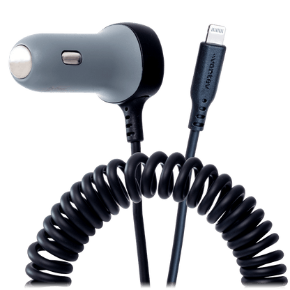 Ventev 12W USB A Car Charger with attached 15W Apple Lightning Cord Gray by Ventev