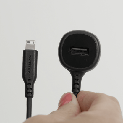 Ventev 12W USB A Car Charger with attached 15W Apple Lightning Cord Gray by Ventev