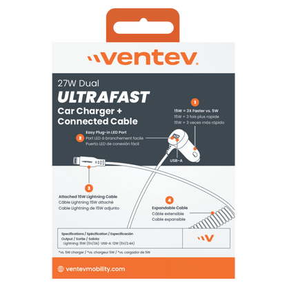 Ventev 12W USB A Car Charger with attached 15W Apple Lightning Cord Gray by Ventev