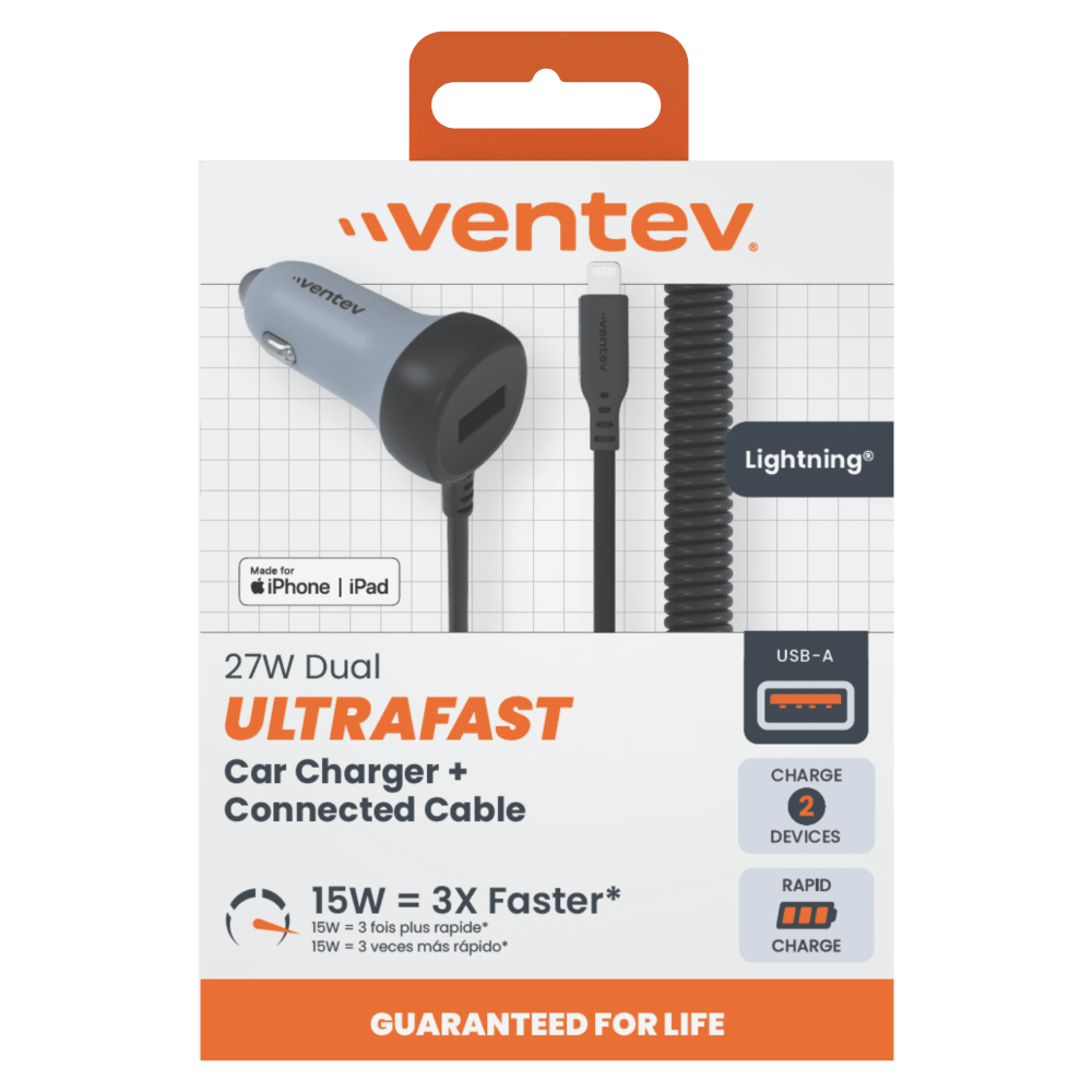 Ventev 12W USB A Car Charger with attached 15W Apple Lightning Cord Gray by Ventev