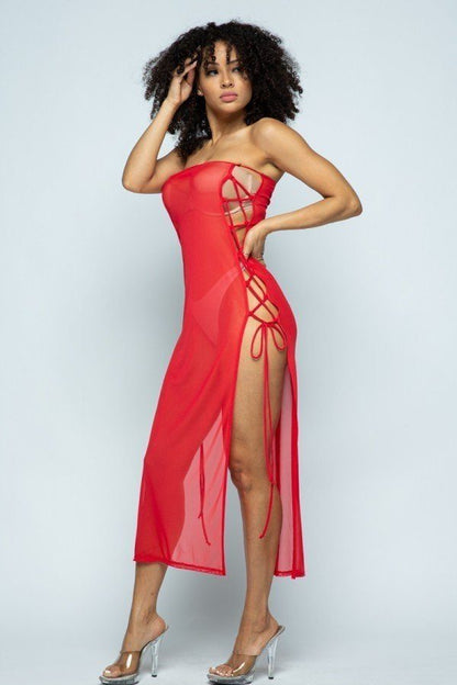 Solid Mesh Side Lace Up Cover Up Dress by Balec Group
