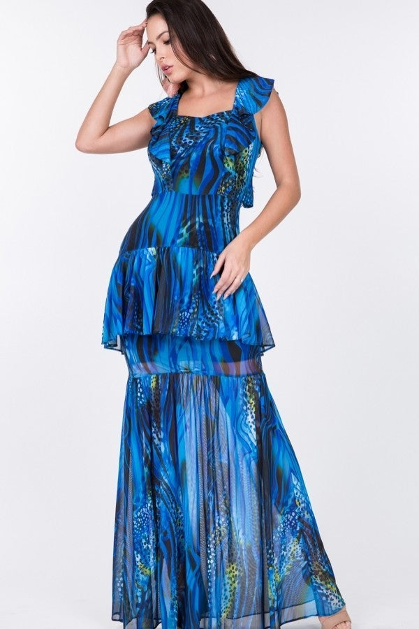 Ruffle Sleeve Tiered Bottom Print Long Dress by Balec Group