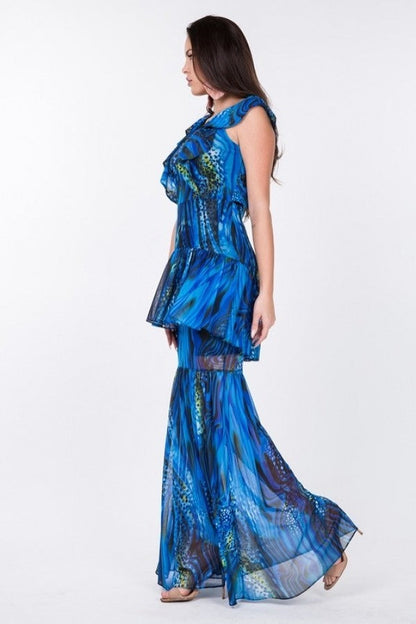 Ruffle Sleeve Tiered Bottom Print Long Dress by Balec Group