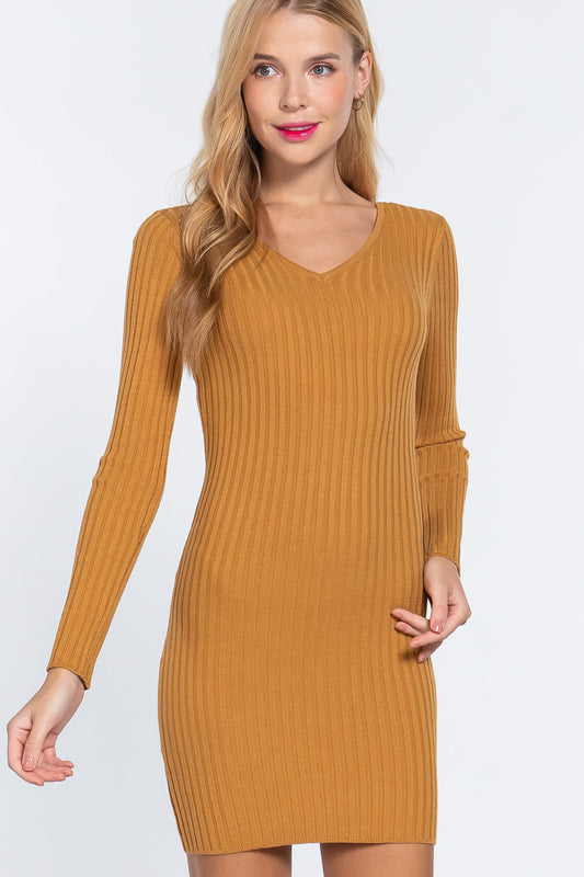 Long Slv V-neck Sweater Mini Dress by Balec Group