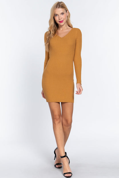 Long Slv V-neck Sweater Mini Dress by Balec Group