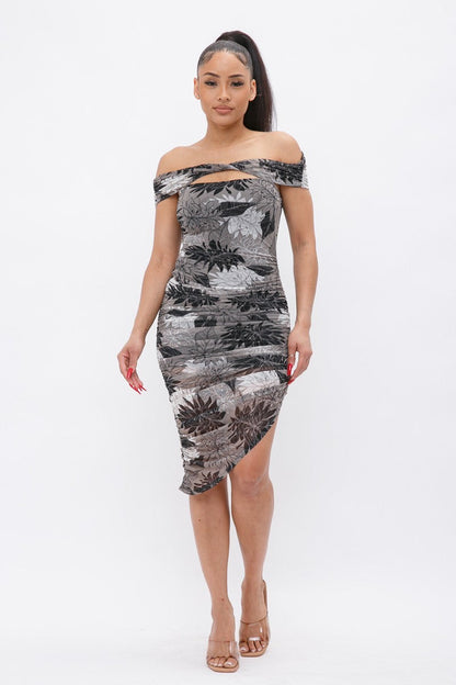 Printed Mesh Off Shoulder Dress by Balec Group