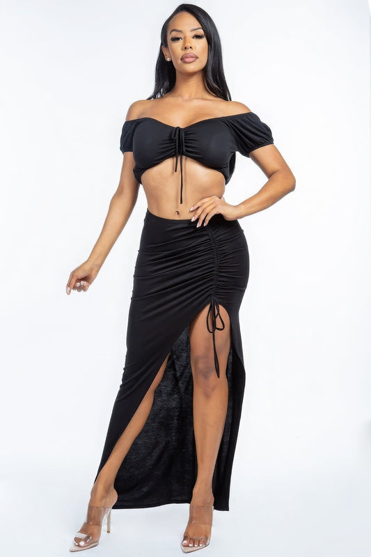 Solid Ruched Front Off The Shoulder Short Sleeve Cropped Top And Side Ruched Asymmetrical Skirt Two Piece Set by Balec Group