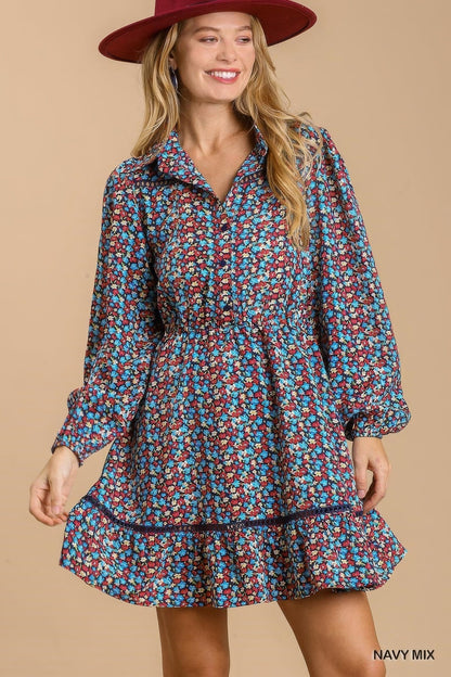 Collared neckline button down floral print dress with crochet trimmed details by Balec Group