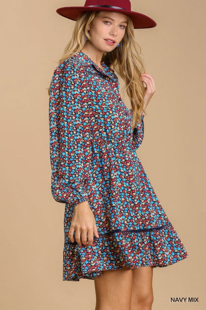 Collared neckline button down floral print dress with crochet trimmed details by Balec Group