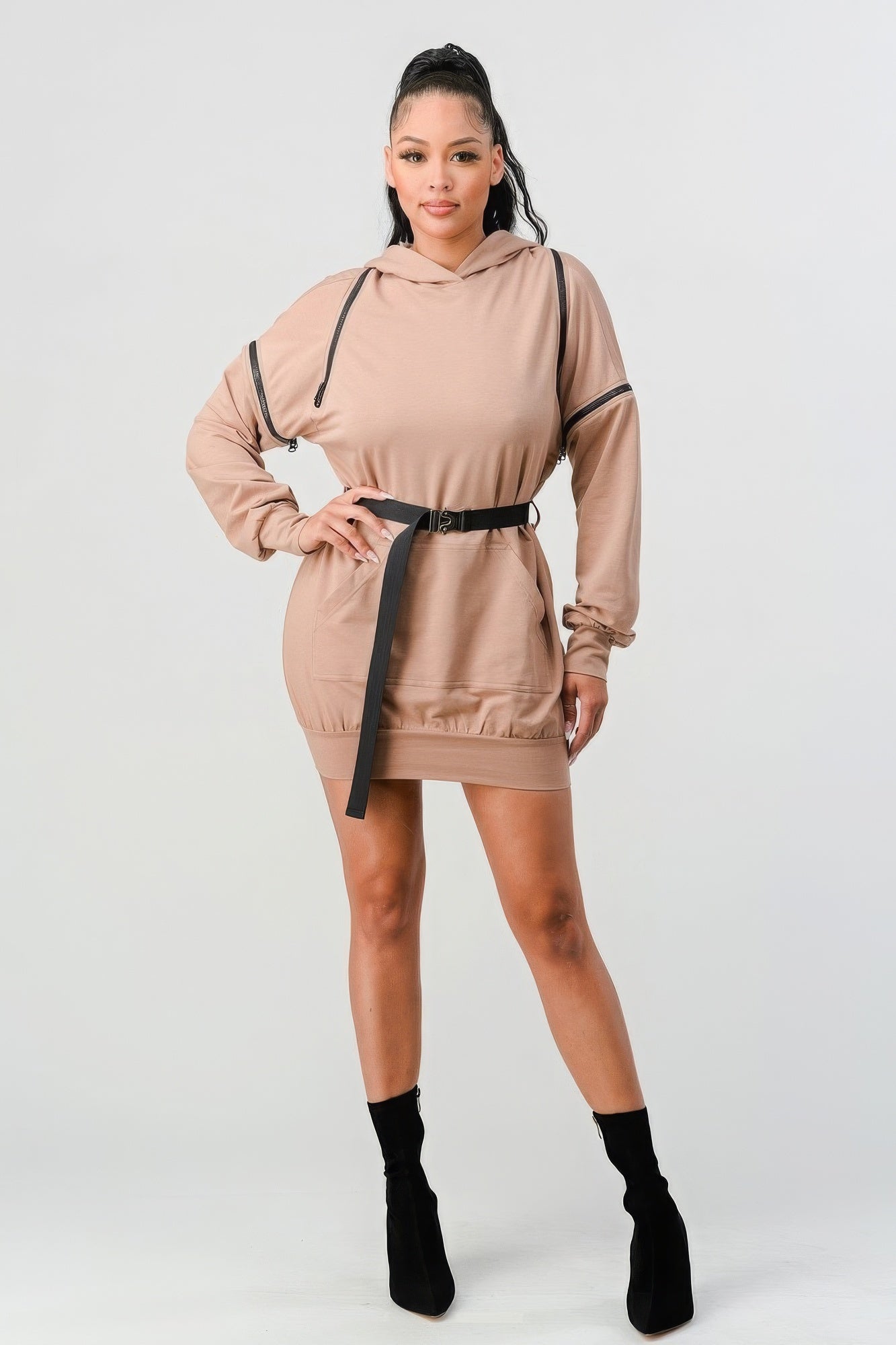 Double Zipper Long Sleeve Hooded Mini Dress by Balec Group