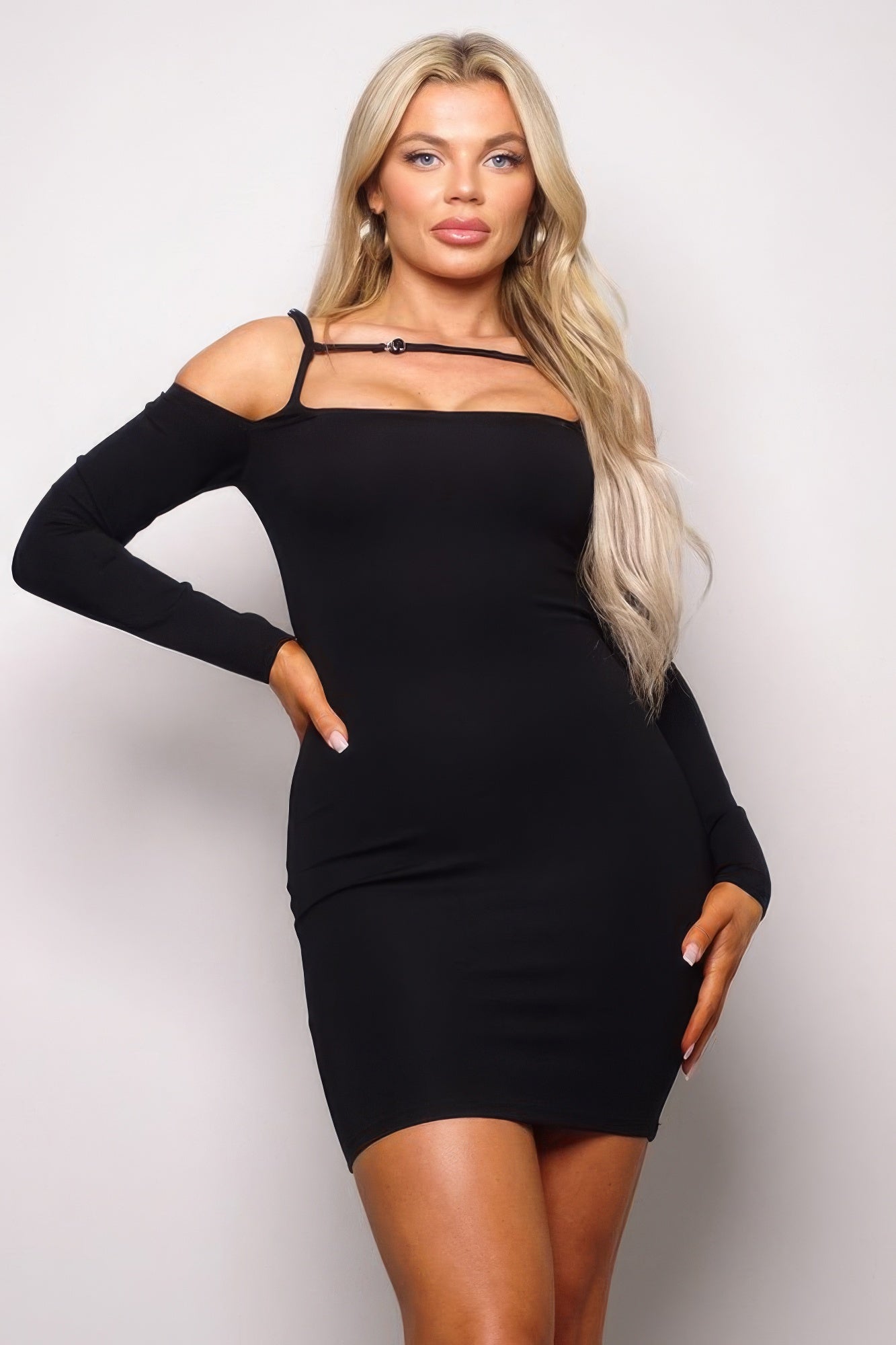Long Sleeve Cuff Front Strap Mini Dress by Balec Group