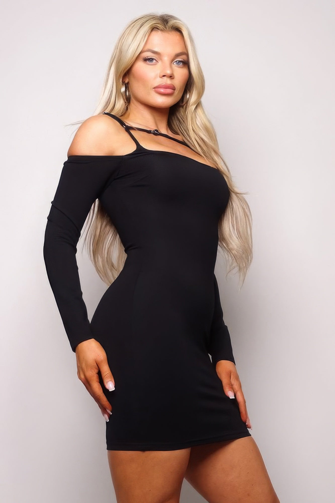 Long Sleeve Cuff Front Strap Mini Dress by Balec Group