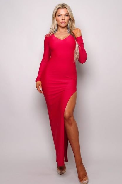 Long Sleeve V Neck Open Back Maxi Dress by Balec Group