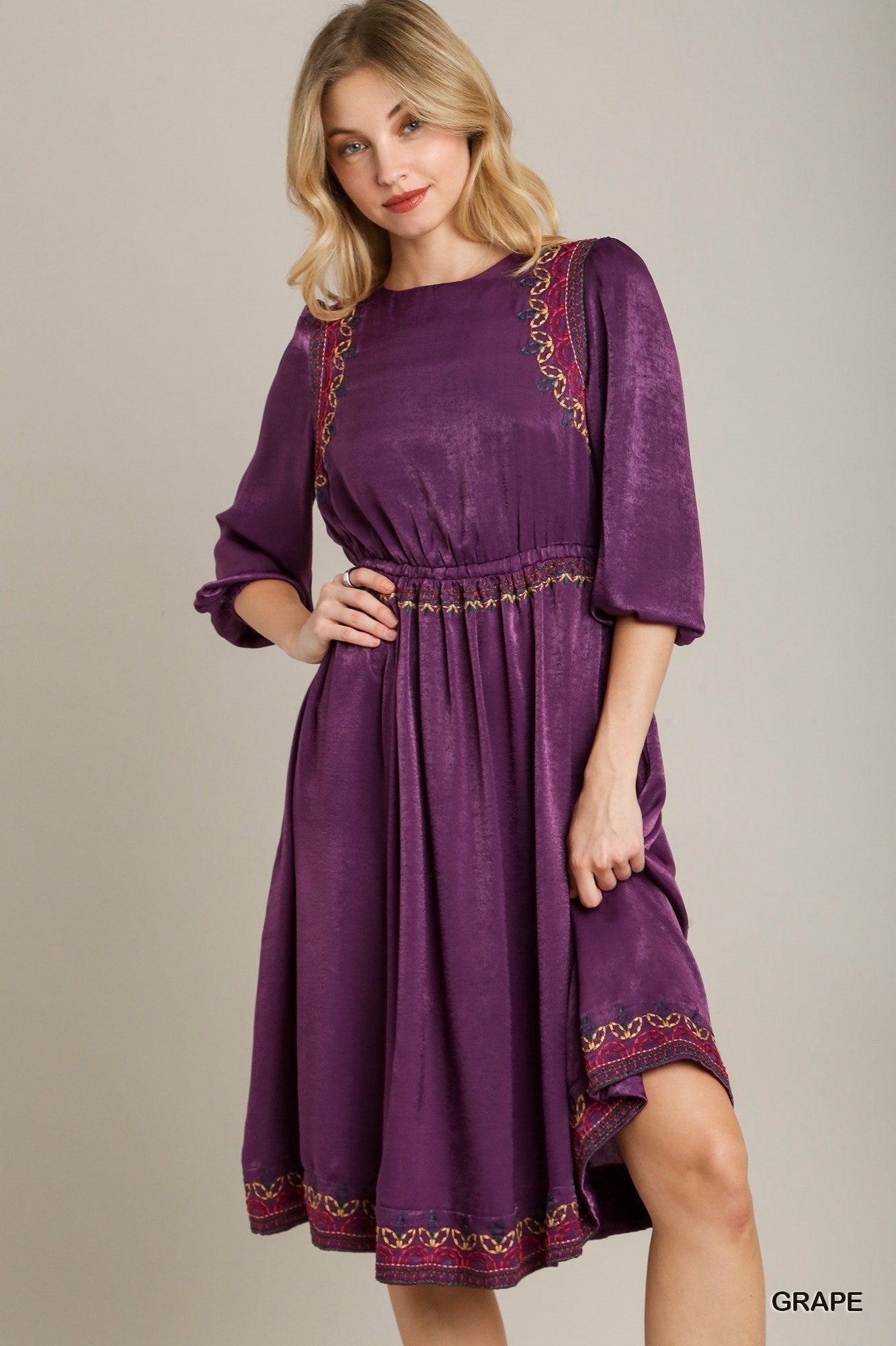 Satin Round Neck Embroidery Midi Dress by Balec Group
