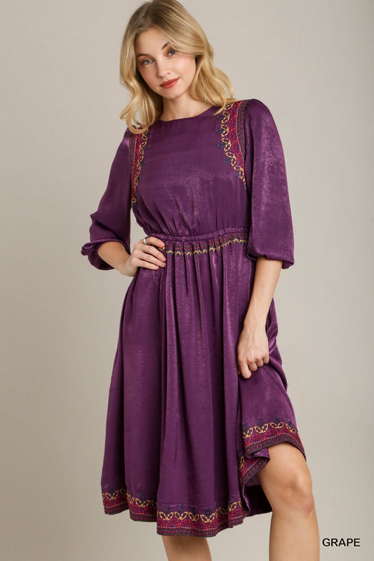 Satin Round Neck Embroidery Midi Dress by Balec Group