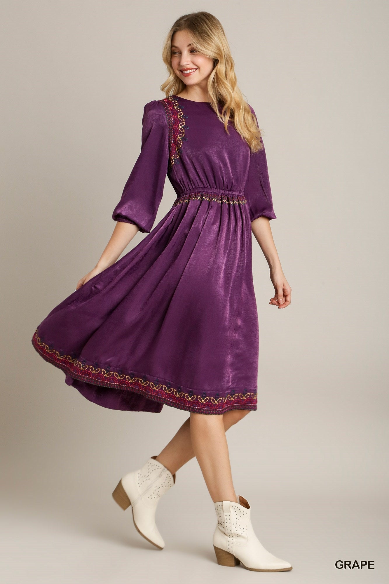 Satin Round Neck Embroidery Midi Dress by Balec Group