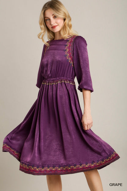 Satin Round Neck Embroidery Midi Dress by Balec Group