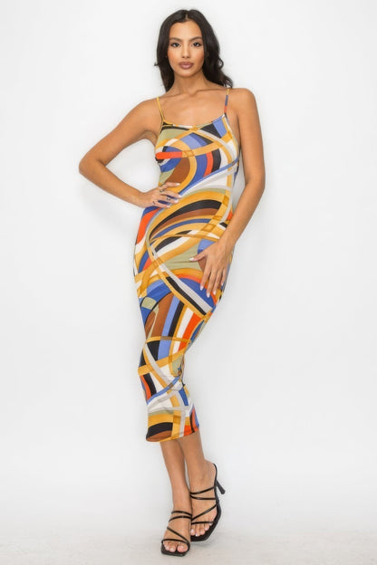 Crossed Back Marble Print Multicolor Midi Dress by Balec Group