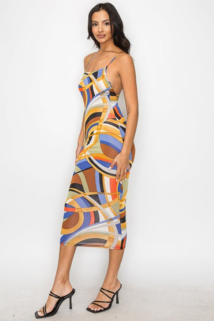 Crossed Back Marble Print Multicolor Midi Dress by Balec Group