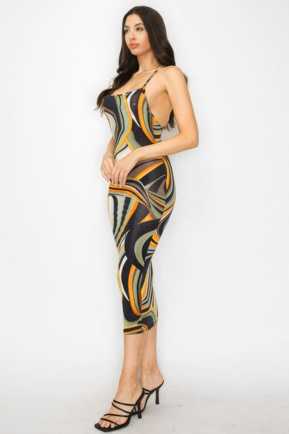Crossed Back Marble Print Multicolor Midi Dress by Balec Group