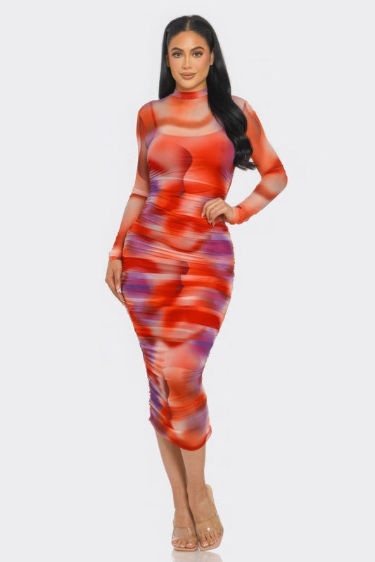 Summer Heat Print Mesh Ruched Midi Dress by Balec Group