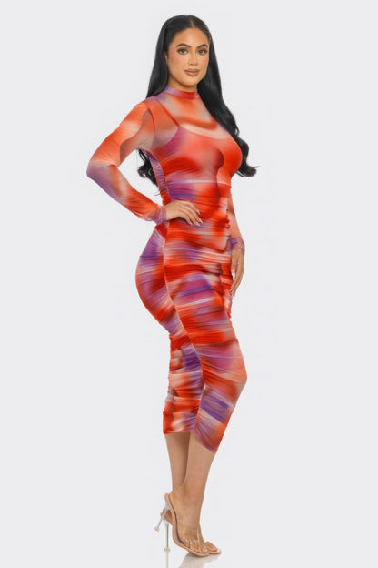 Summer Heat Print Mesh Ruched Midi Dress by Balec Group