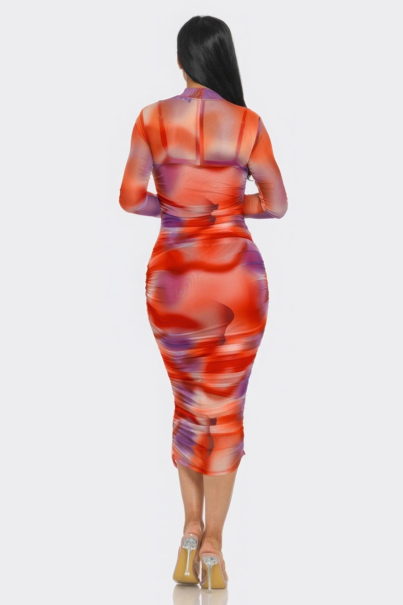 Summer Heat Print Mesh Ruched Midi Dress by Balec Group
