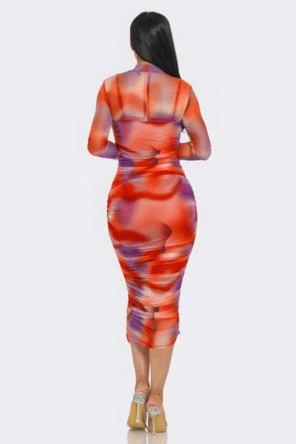 Summer Heat Print Mesh Ruched Midi Dress by Balec Group