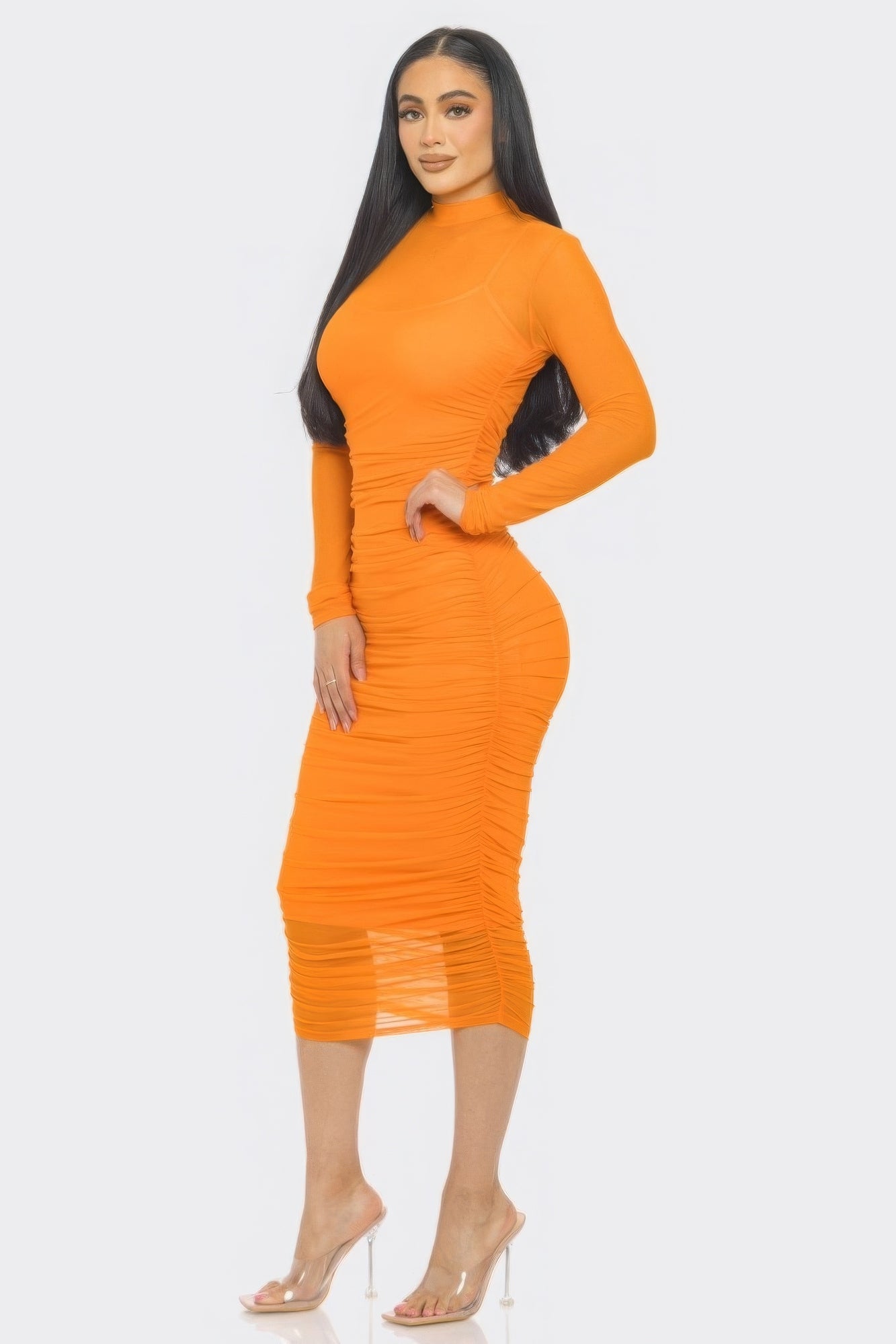 Solid Mesh Ruched Midi Dress by Balec Group