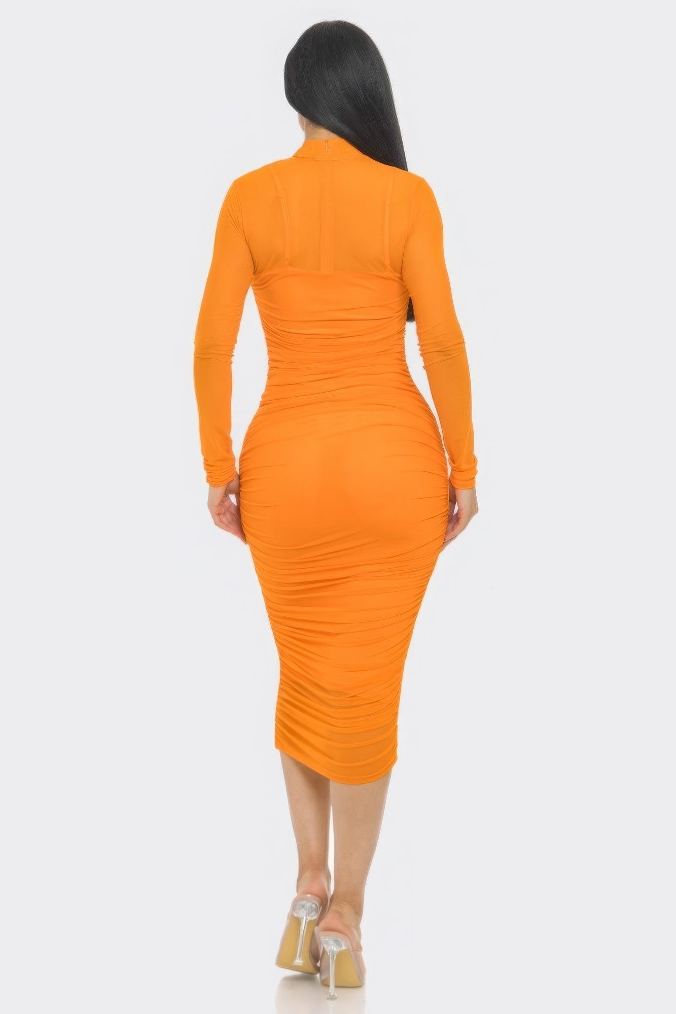 Solid Mesh Ruched Midi Dress by Balec Group