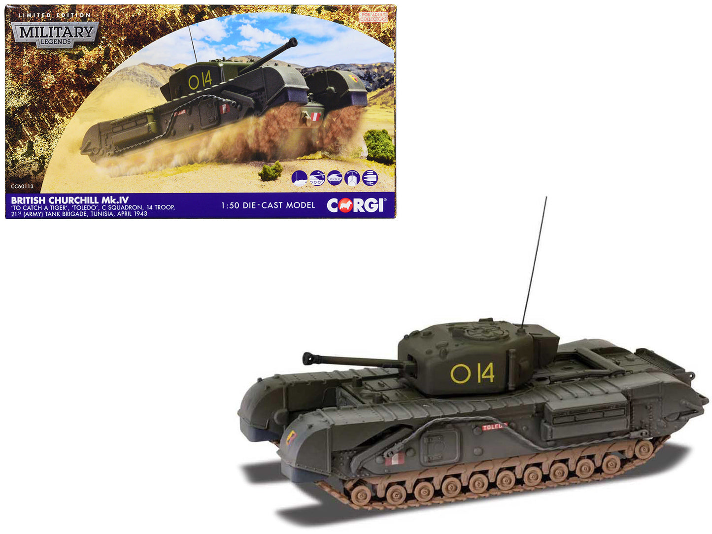 Churchill Mk.IV Tank "'To Catch a Tiger' 'Toledo' C Squadron 14 Troop 21st Army Tank Brigade Tunisia" (1943) British Royal Army "Military Legends" Series 1/50 Diecast Model by Corgi  free shipping USA