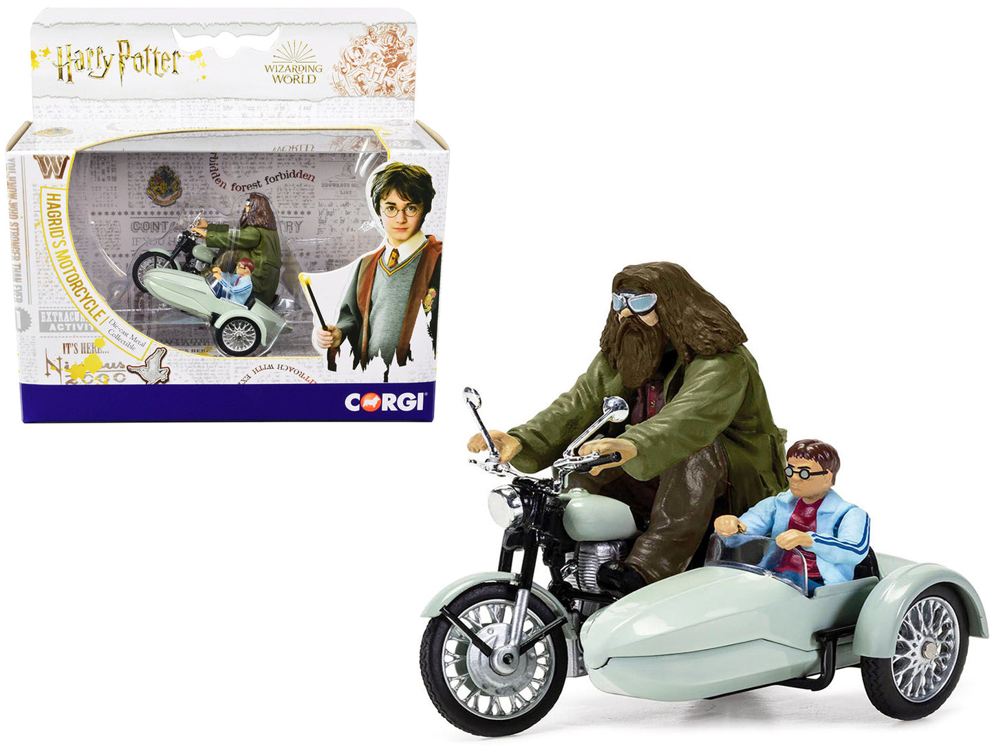 Motorcycle and Sidecar Light Green with Harry and Hagrid Figures "Harry Potter and the Deathly Hallows Part 1" (2010) Movie Diecast Motorcycle Model  by Corgi  free shipping USA
