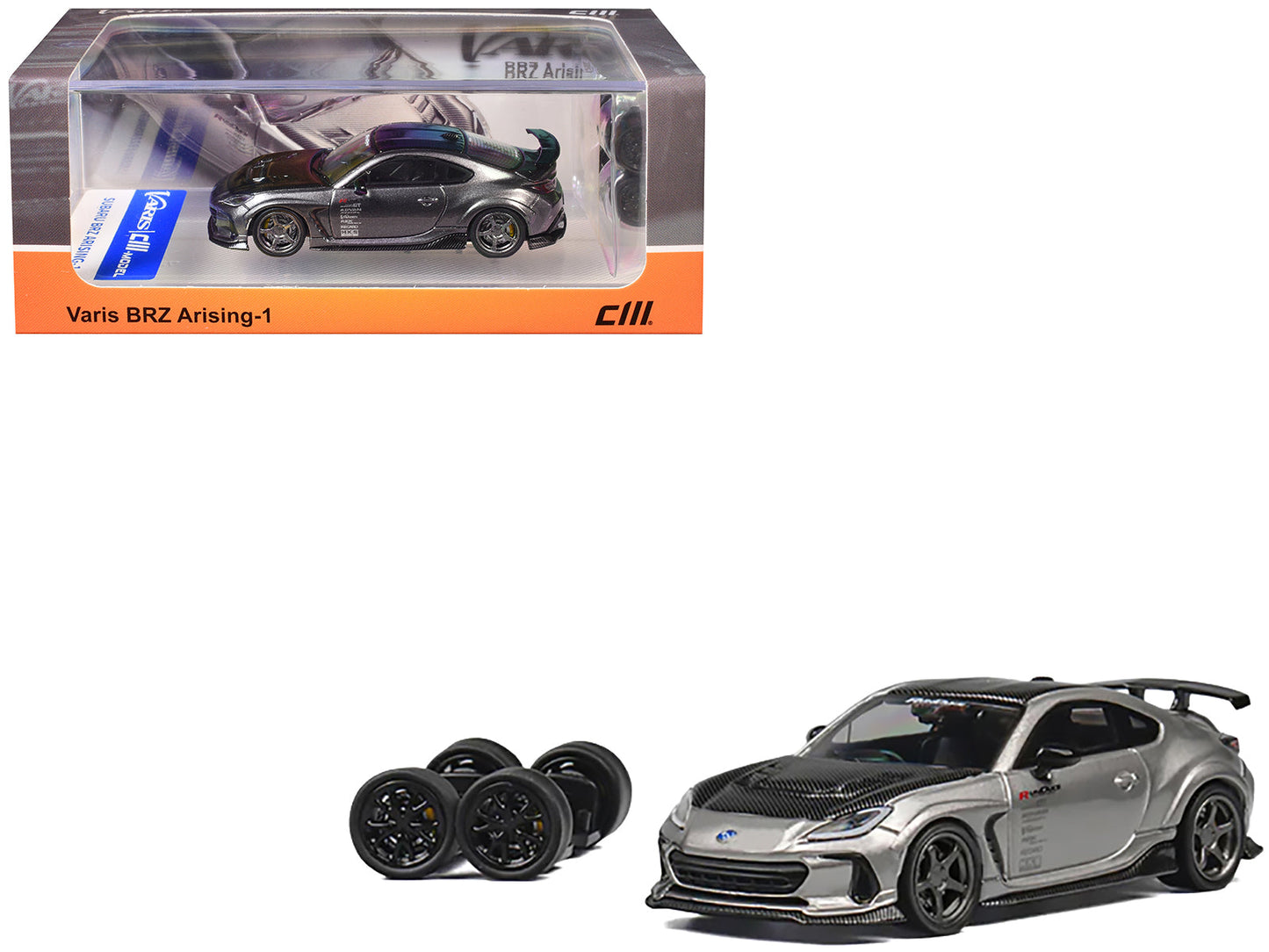 Subaru BRZ Varis Arising-1 RHD (Right Hand Drive) Gray Metallic with Carbon Hood and Top and Extra Wheels 1/64 Diecast Model Car by CM Model  free shipping USA