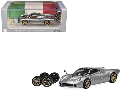 Pagani Huayra Codalunga Silver Metallic with Sunroof and Extra Wheels 1/64 Diecast Model Car by CM Model  free shipping USA