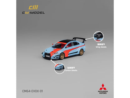 Mitsubishi Lancer Evolution X Varis RHD (Right Hand Drive) Light Blue with Black Top and Orange Stripes 1/64 Diecast Model Car by CM Model