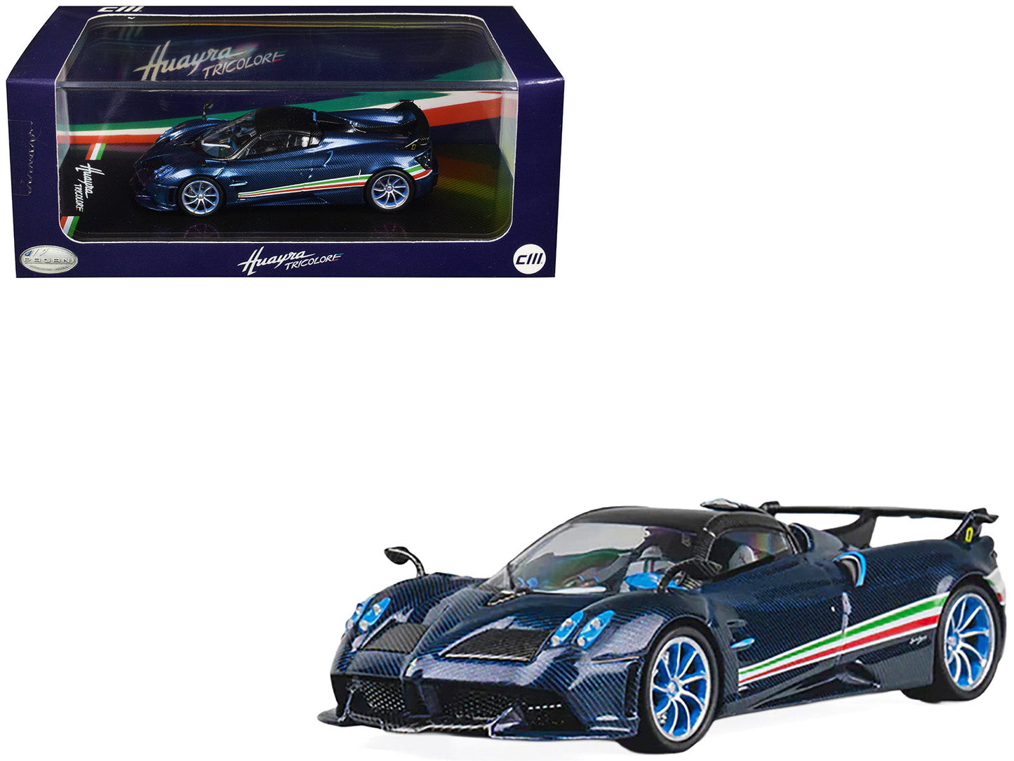 Pagani Huayra Tricolore Blue Carbon Metallic with Black Carbon Top and Italian Flag Stripes 1/64 Diecast Model Car by CM Model  free shipping USA