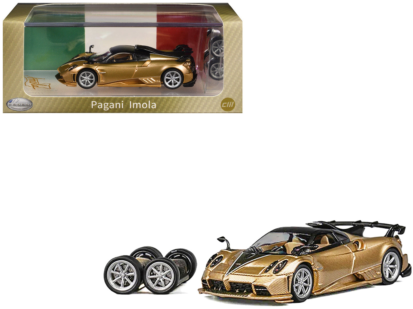 Pagani Imola Gold Carbon Metallic with Black Carbon Top with Extra Wheels 1/64 Diecast Model Car by CM Model  free shipping USA