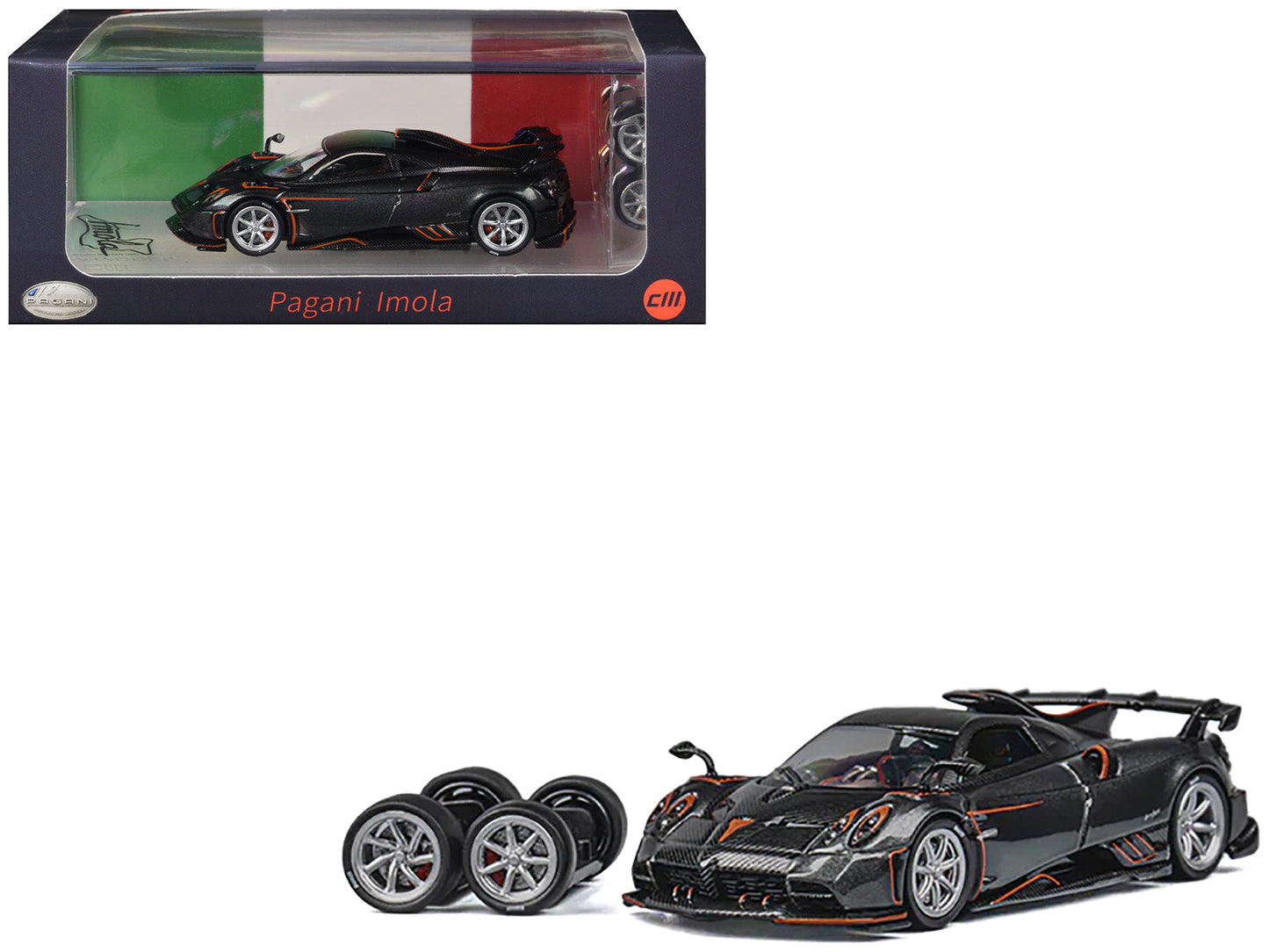 Pagani Imola Dark Gray Metallic with Carbon and Orange Accents with Extra Wheels 1/64 Diecast Model Car by CM Model  free shipping USA