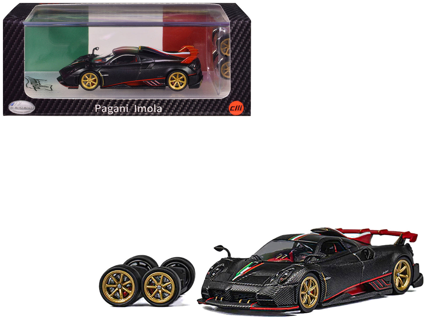 Pagani Imola Black Carbon with Italian Flag Stripes with Extra Wheels 1/64 Diecast Model Car by CM Model  free shipping USA