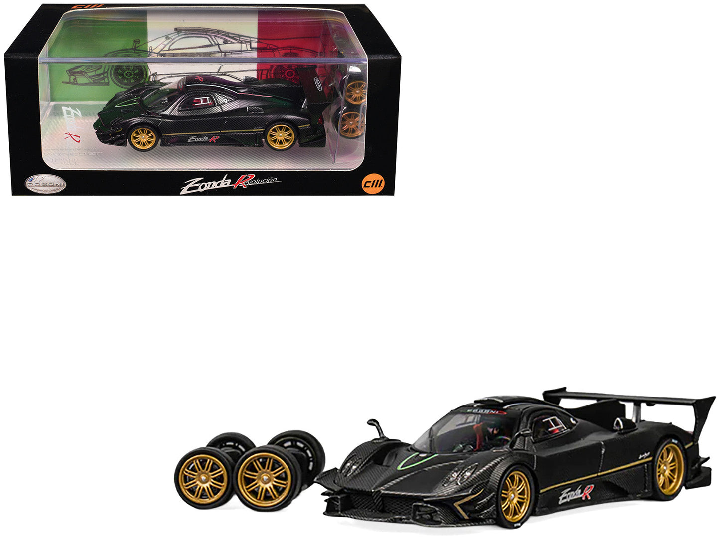 Pagani Zonda Revolucion Black Carbon with Extra Wheels 1/64 Diecast Model Car by CM Model  free shipping USA