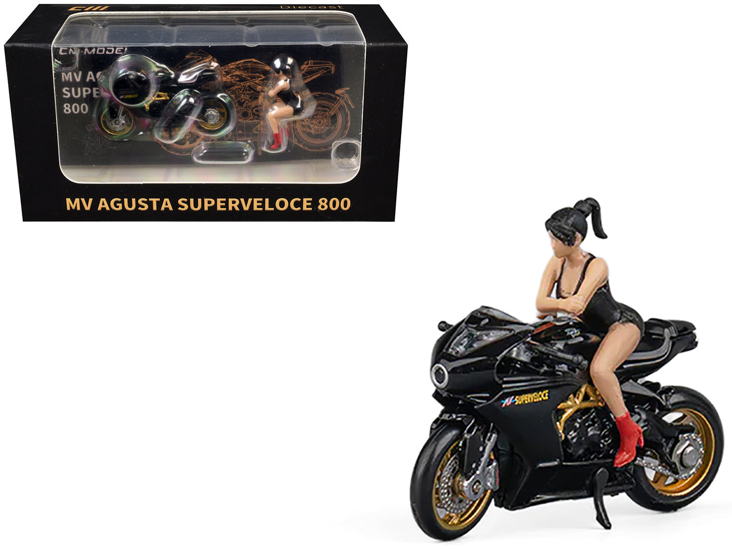 MV Agusta Superveloce 800 Motorcycle Black and Gold with Figure 1/64 Diecast Model by CM Model  free shipping USA