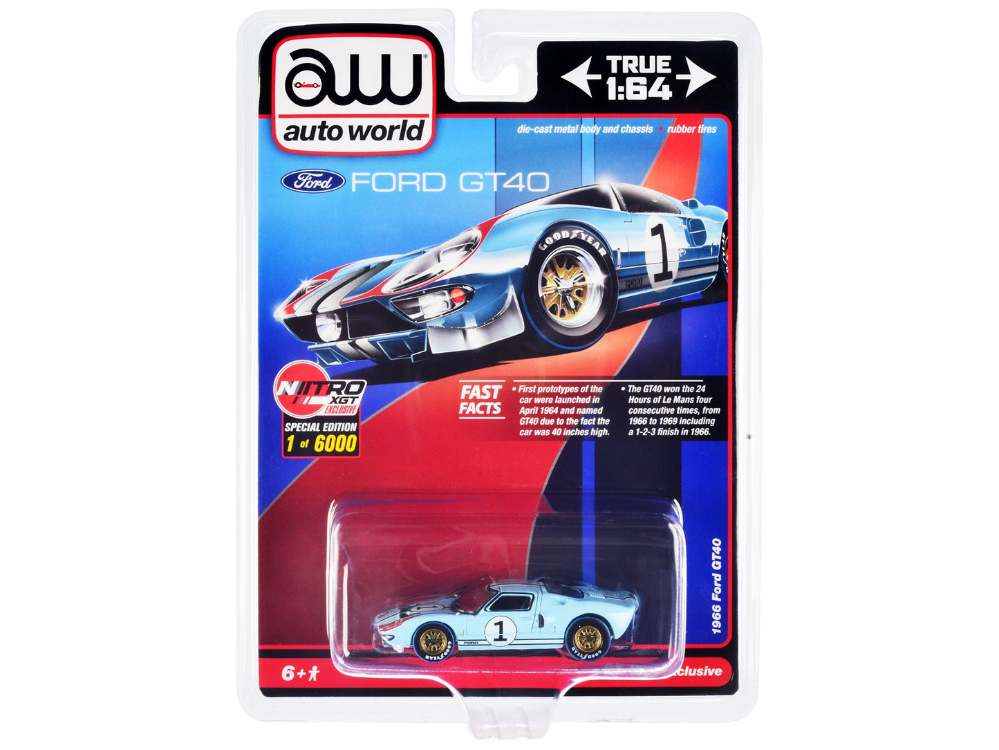 1966 Ford GT40 RHD (Right Hand Drive) #1 Light Blue with Stripes Limited Edition to 6000 pieces Worldwide 1/64 Diecast Model Car by Auto World