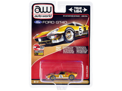 1966 Ford GT40 RHD (Right Hand Drive) #5 Gold with Graphics Limited Edition to 3600 pieces Worldwide 1/64 Diecast Model Car by Auto World  free shipping USA
