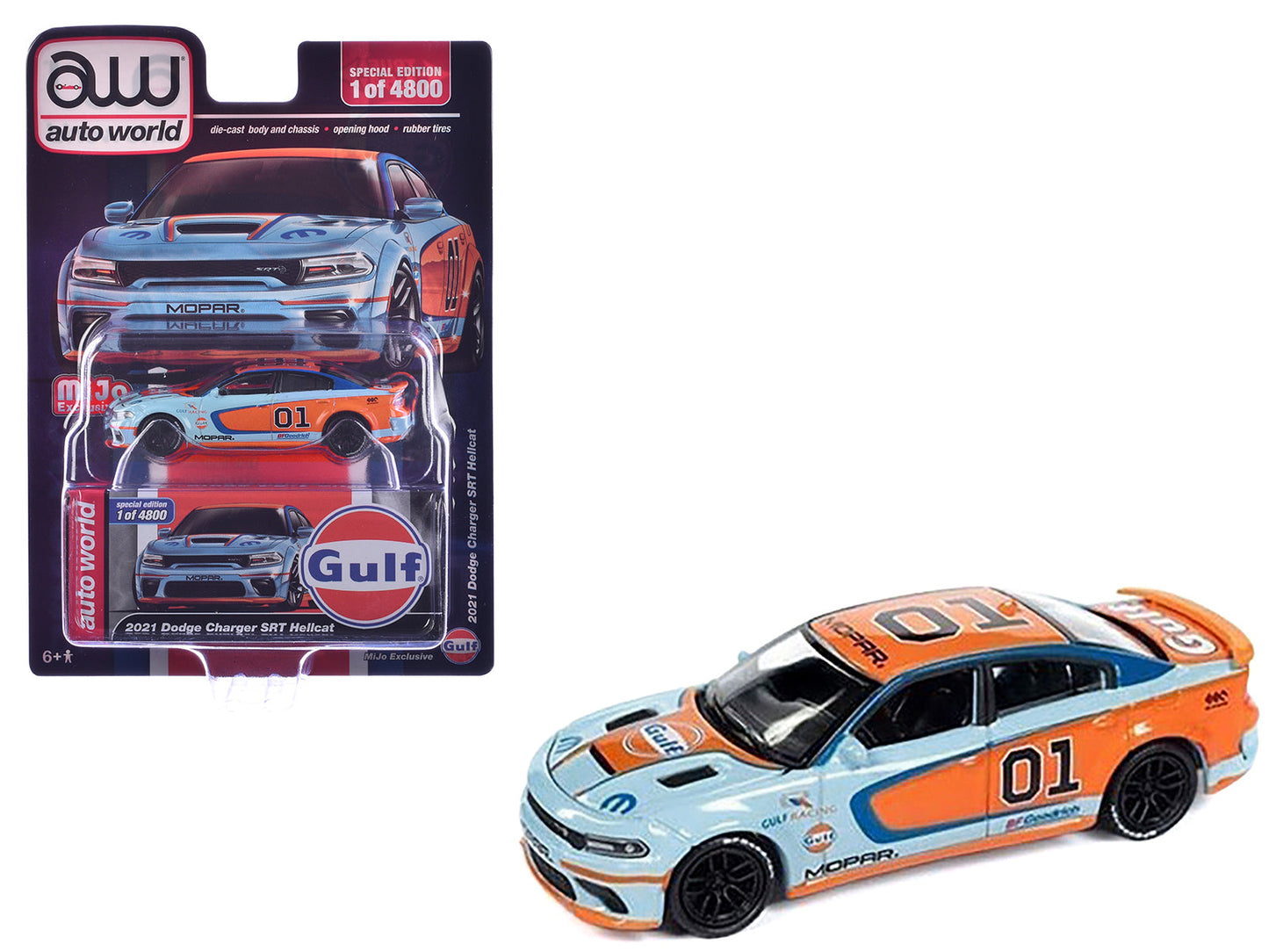 2021 Dodge Charger SRT Hellcat #01 "Gulf Oil-MOPAR" Light Blue and Orange Limited Edition to 4800 pieces Worldwide 1/64 Diecast Model Car by Auto World  free shipping USA