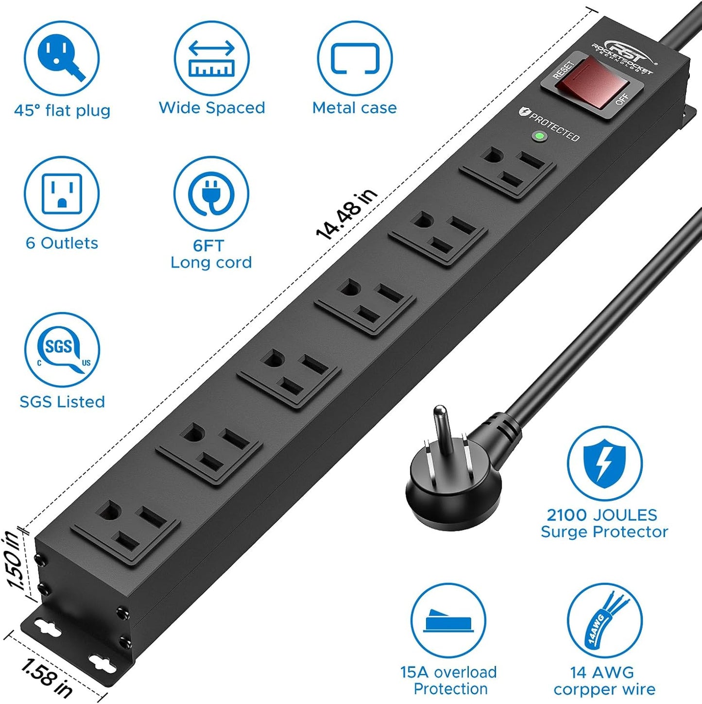 CRST 6 Outlets Wide Spaced Mountable Metal Power Strip Surge Protector, 2100 Joules Protection, Easy Mounting, 6FT