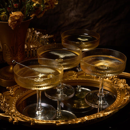 Ribbed Coupe Cocktail Glasses 8 oz | Set of 4 | Classic Manhattan Glasses For Cocktails, Champagne Coupe, Ripple Coupe Glasses, Art Deco Gatsby Vintage, Crystal with Stems (Clear) by The Wine Savant