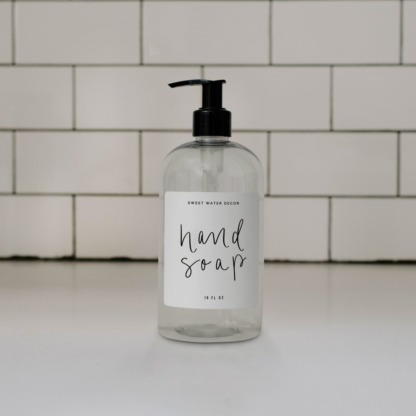 16oz Clear Plastic Hand Soap Dispenser - White Label by Sweet Water Decor