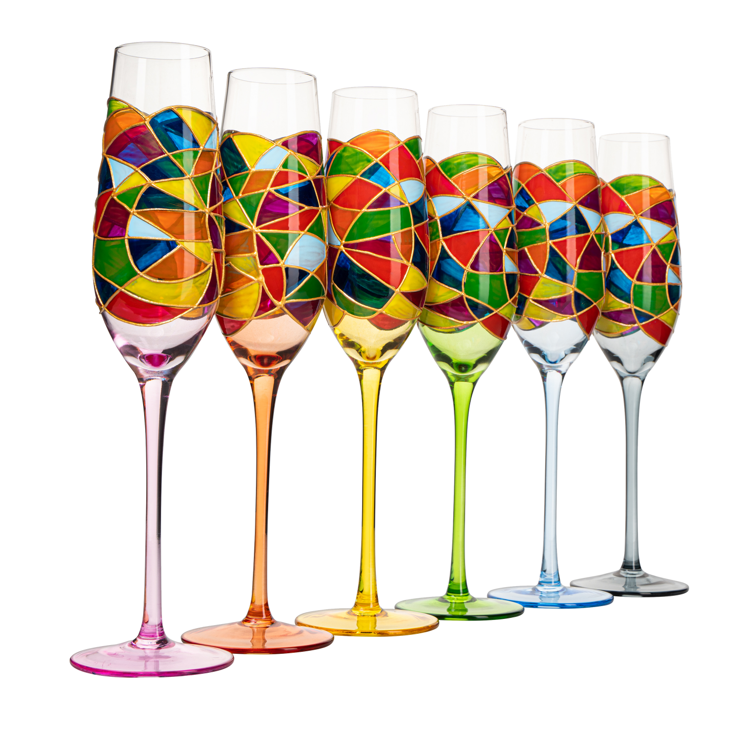 Stained Glass Champagne Flutes Set of 6 Hand Painted - Wine Savant - Hand Blown 7 Ounce Colorful Renaissance Champagne Glasses - 10.2" Tall, 2.7" Diameter Rainbow Multicolor Design Glassware by The Wine Savant