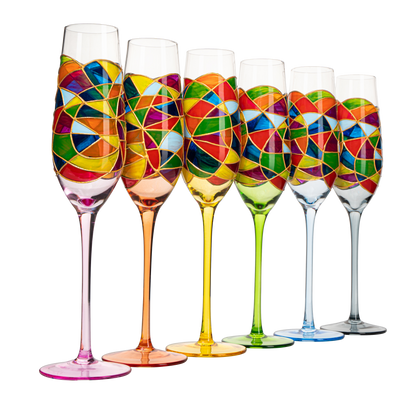 Stained Glass Champagne Flutes Set of 6 Hand Painted - Wine Savant - Hand Blown 7 Ounce Colorful Renaissance Champagne Glasses - 10.2" Tall, 2.7" Diameter Rainbow Multicolor Design Glassware by The Wine Savant